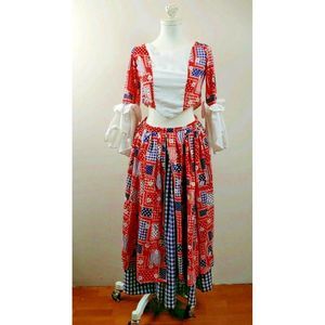 Patchwork Skirt Set Ruffle Sleeve Crop Top Maxi Skirt Red‎ Blue White